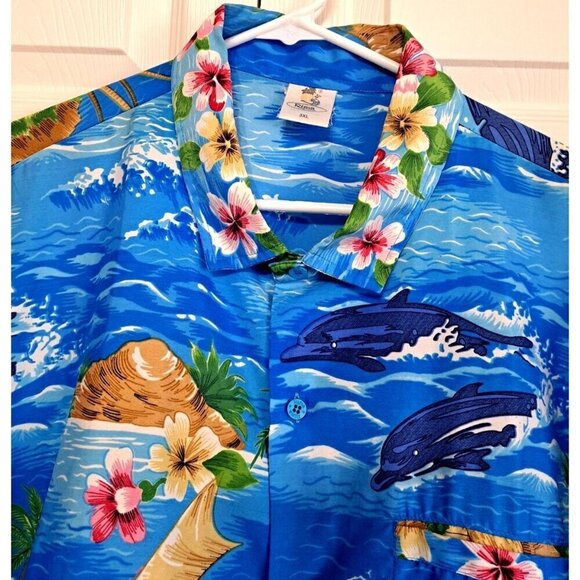 RIMA Men's 3XL Multicolor blue Tropical Dolphin Floral Hawaiian Aloha S/S Shirt - Picture 3 of 6